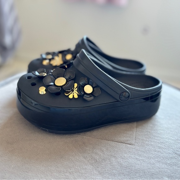 CROCS Black and Gold Floral Slippers - Picture 2 of 7